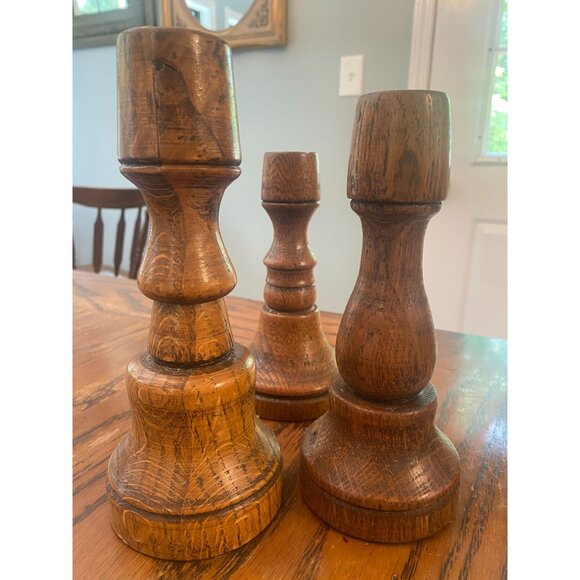 Set Of 3 Vintage Wooden Oak Candlestick Holders With Green Felt Base - Picture 4 of 6